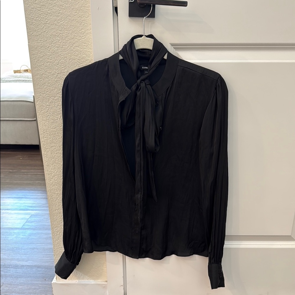 Express Black Tie Front Long Sleeve Blouse